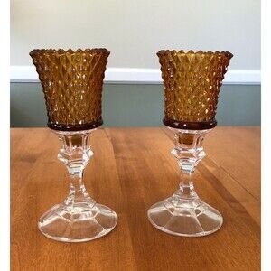 VINTAGE Amber Glass Peg Votive Cup Candle Holders Candlesticks Diamond Point 2